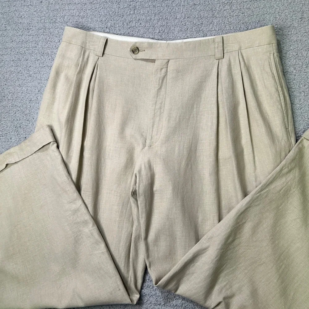 Sean John Trousers Pleated 38x30 Tan Vintage 90s Linen Blend Wide Leg Y2K Hip